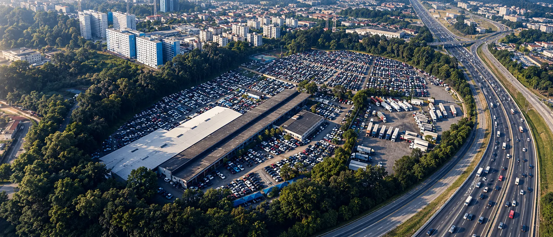 Vista aérea do pátio de veículos da Milan Leilões